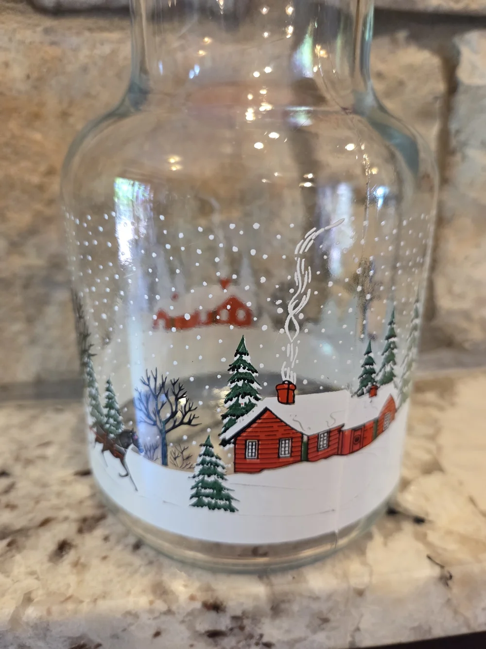 Vtg KIG Christmas Juice Carafe Pitcher Winter Wonderland Sleigh Cabin Red Lid